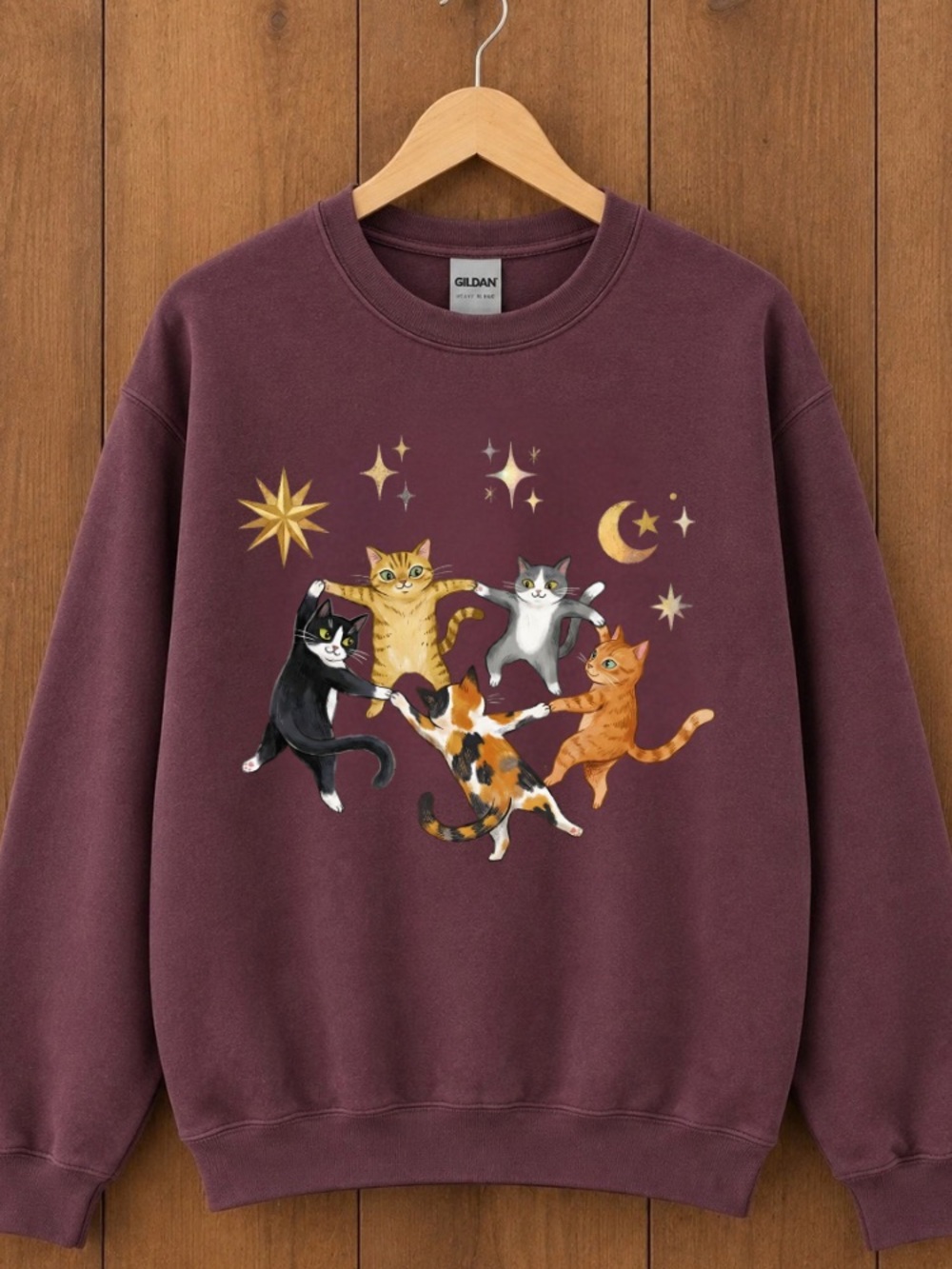 Dancing Cat Circle and Gold Stars Maroon Sweatshirt